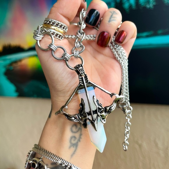 Maille links stainless steel necklace bow & arrow purple opalite stone charm - Picture 4 of 11